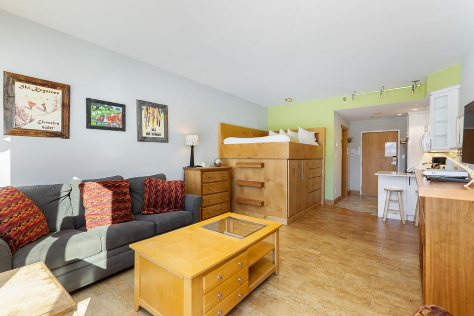 A studio apartment with a grey sofa, colorful cushions, a wooden coffee table, a loft bed with storage underneath, a kitchen area with a breakfast bar, and artworks on the walls.