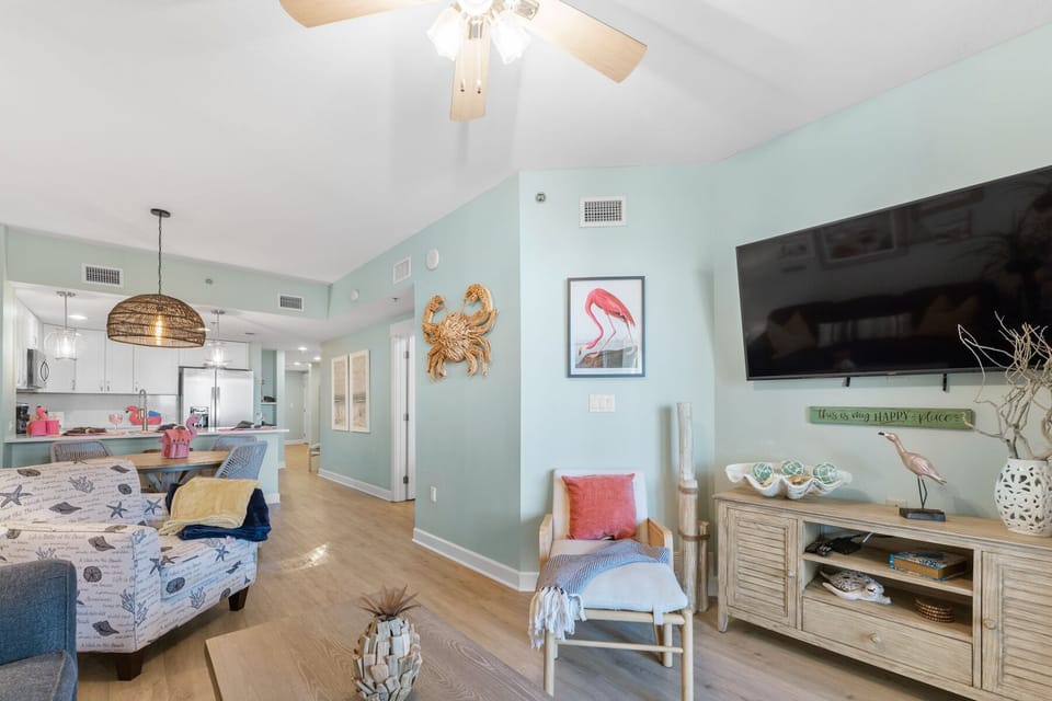 Your bright coastal living space features ocean-inspired decor and comfortable seating where you can relax while staying connected.