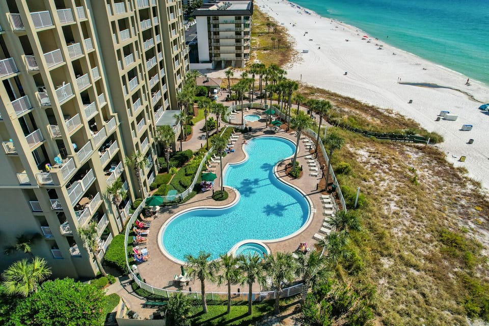 Beachfront resort featuring lagoon-style pool surrounded by palm trees with direct white sand beach access and turquoise Gulf waters.