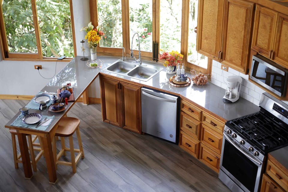 View from terrace level of kitchen and breakfast bar
