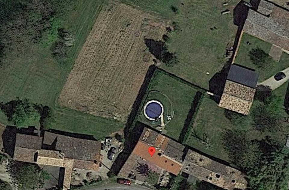Google view property. Red marker is the gite with the enclosed garden & pool