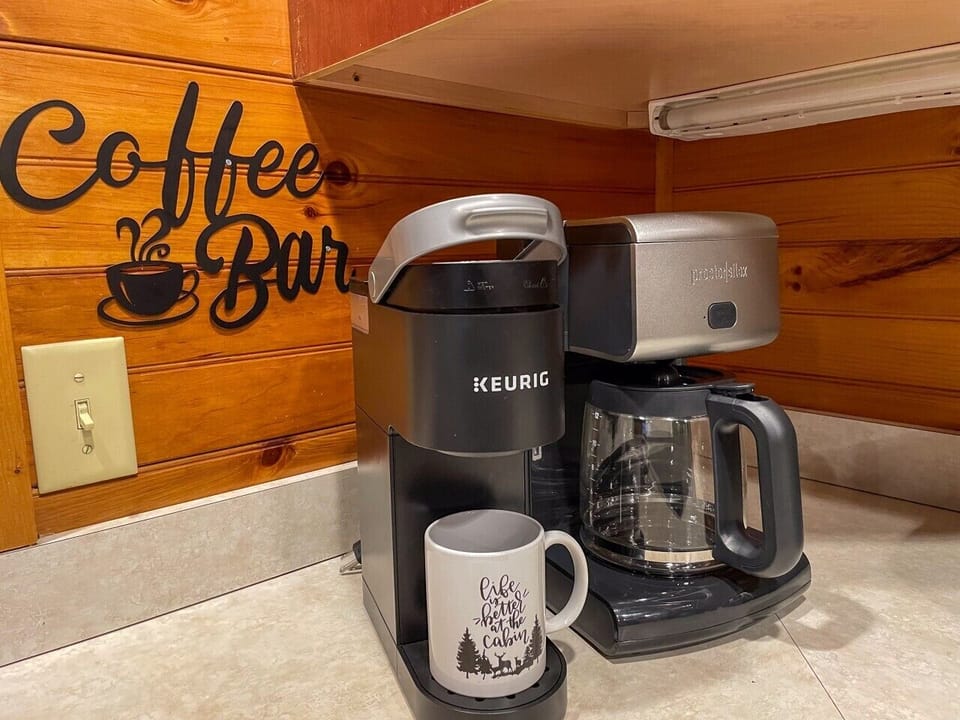 Coffee bar with Keurig and drip maker — mornings start here, cabin mug required