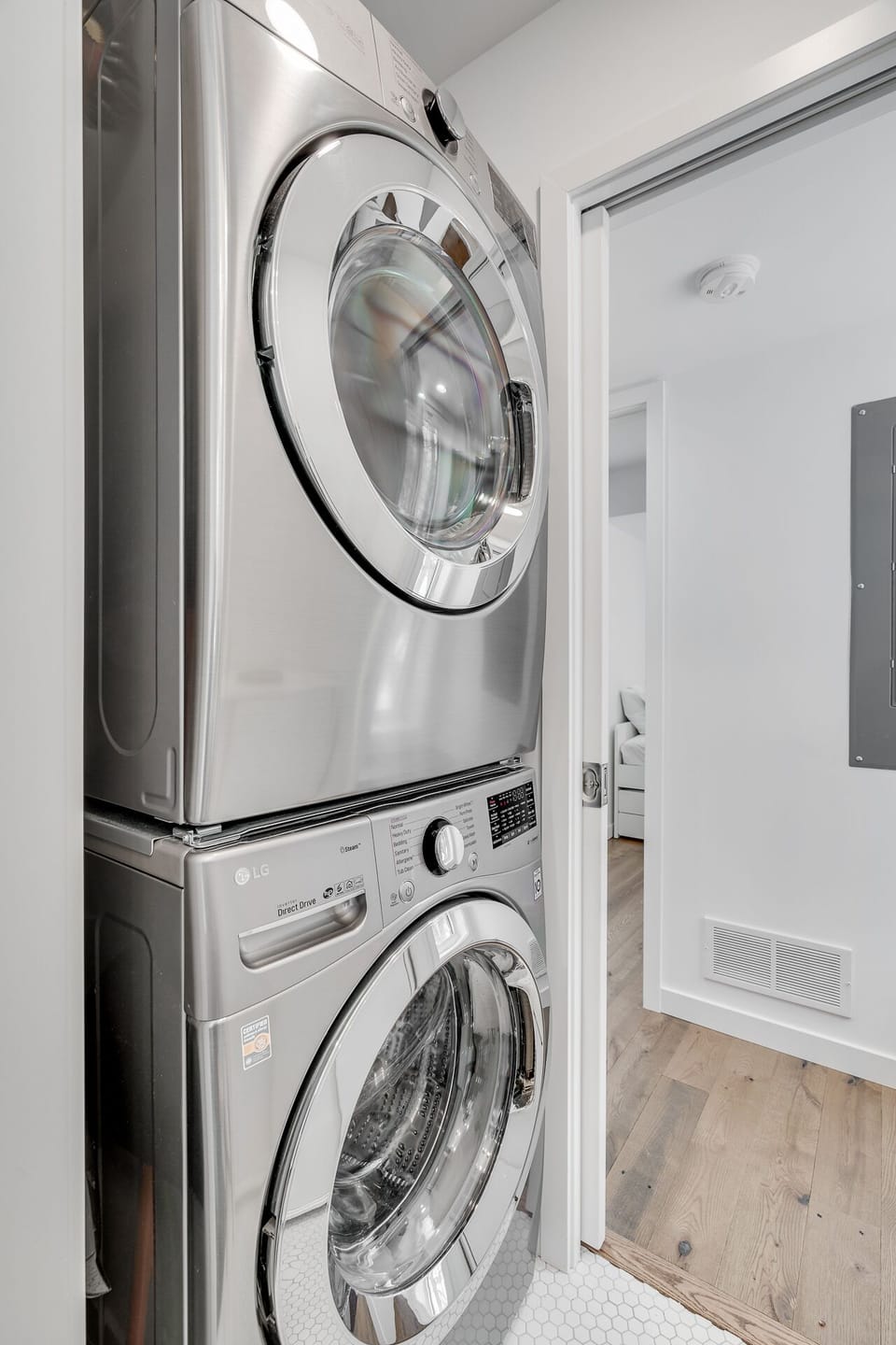 Keep your clothes fresh with this convenient in-unit stacked washer and dryer, making your stay comfortable and hassle-free.