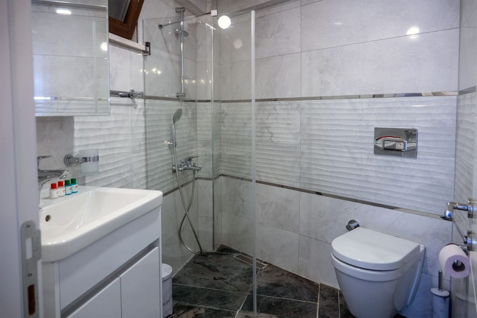 Shower, free toiletries, hair dryer, bathrobes