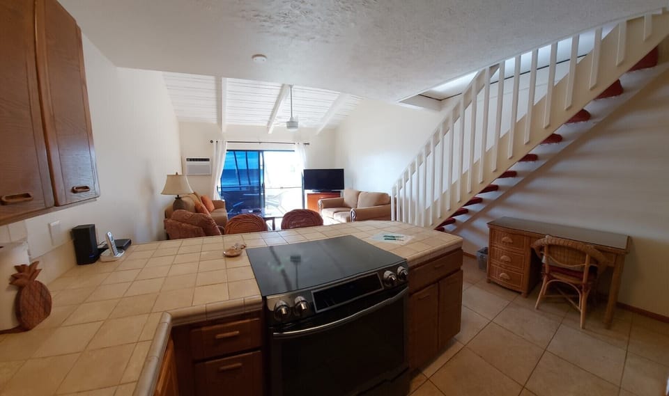Fully set up kitchen looking into living area to the lanai