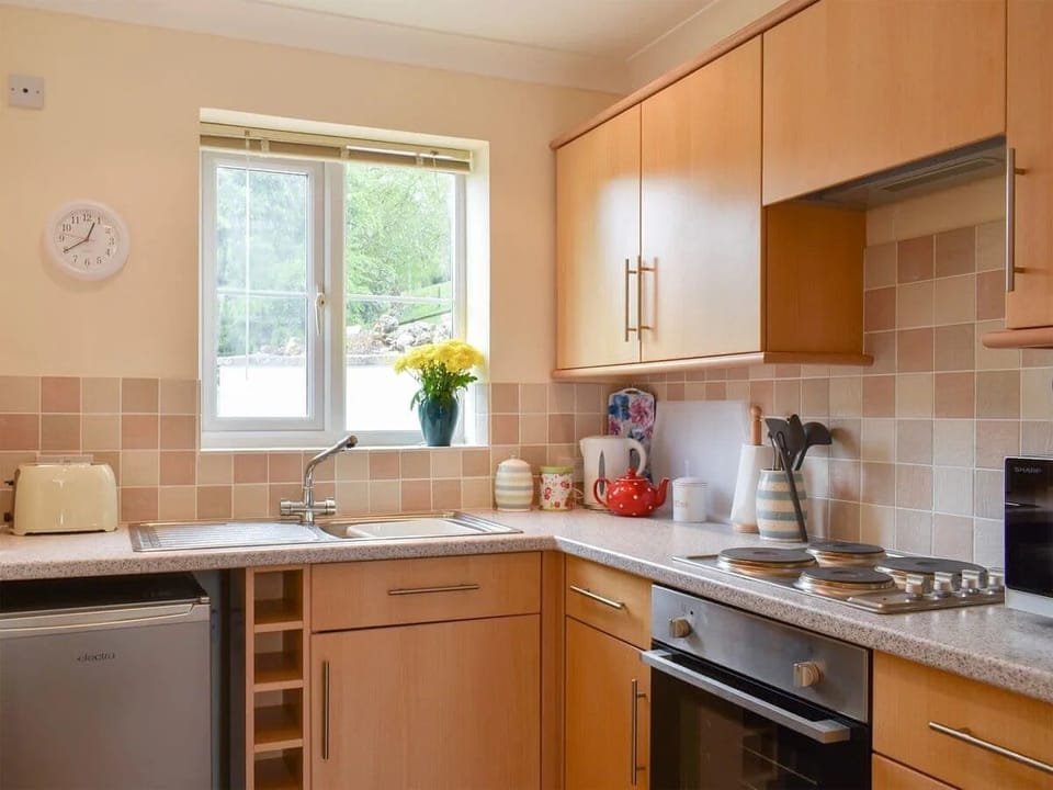 Downstairs kitchen with hob, fridge, toaster, microwave, kettle, and cookware 