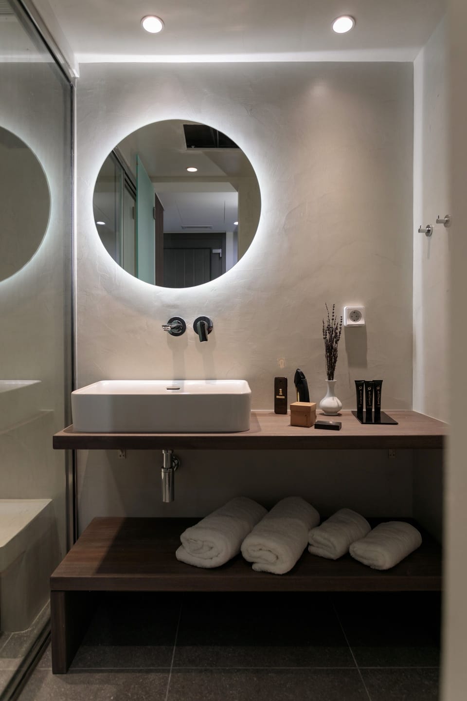 Shower, hydromassage showerhead, designer toiletries, hair dryer