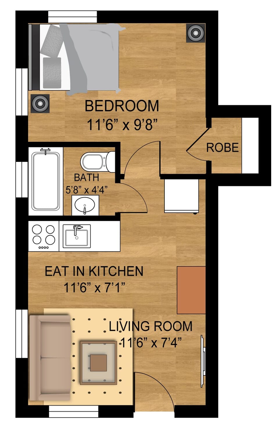 Floor plan showing bedroom, bathroom, kitchenette, living room, and entry.