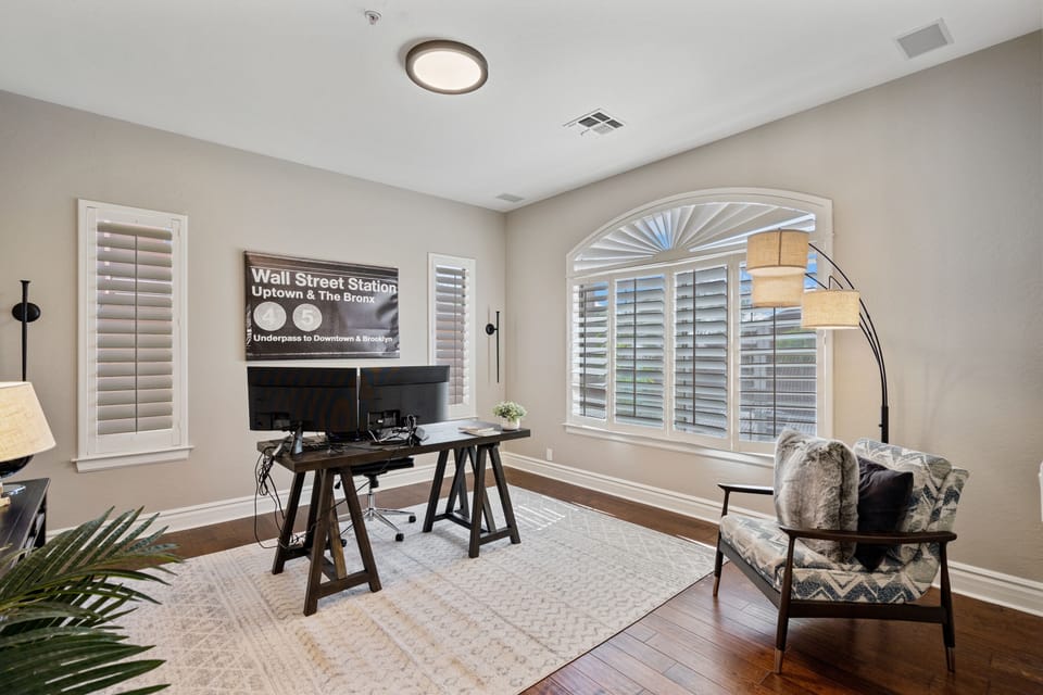 Work from home and in comfort.  Docking station and two monitors.