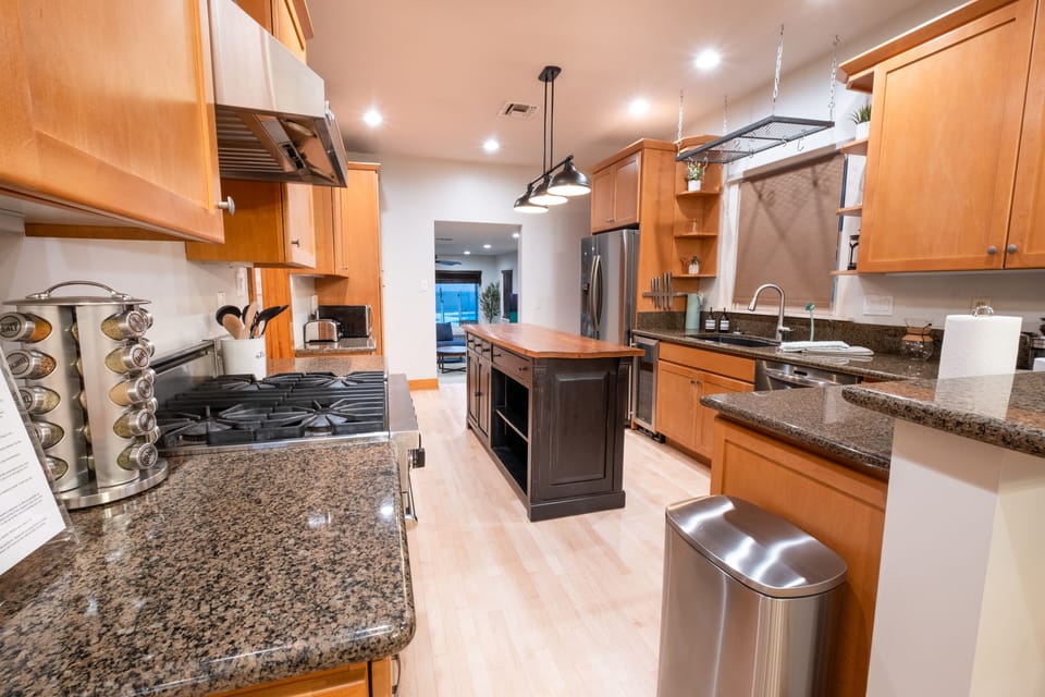 Large kitchen with sight lines into the dining room and living room. 