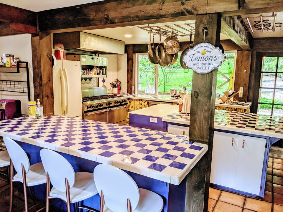 Chef's Kitchen with 10 Burner stove, large island, view of the patio 4 bar seats