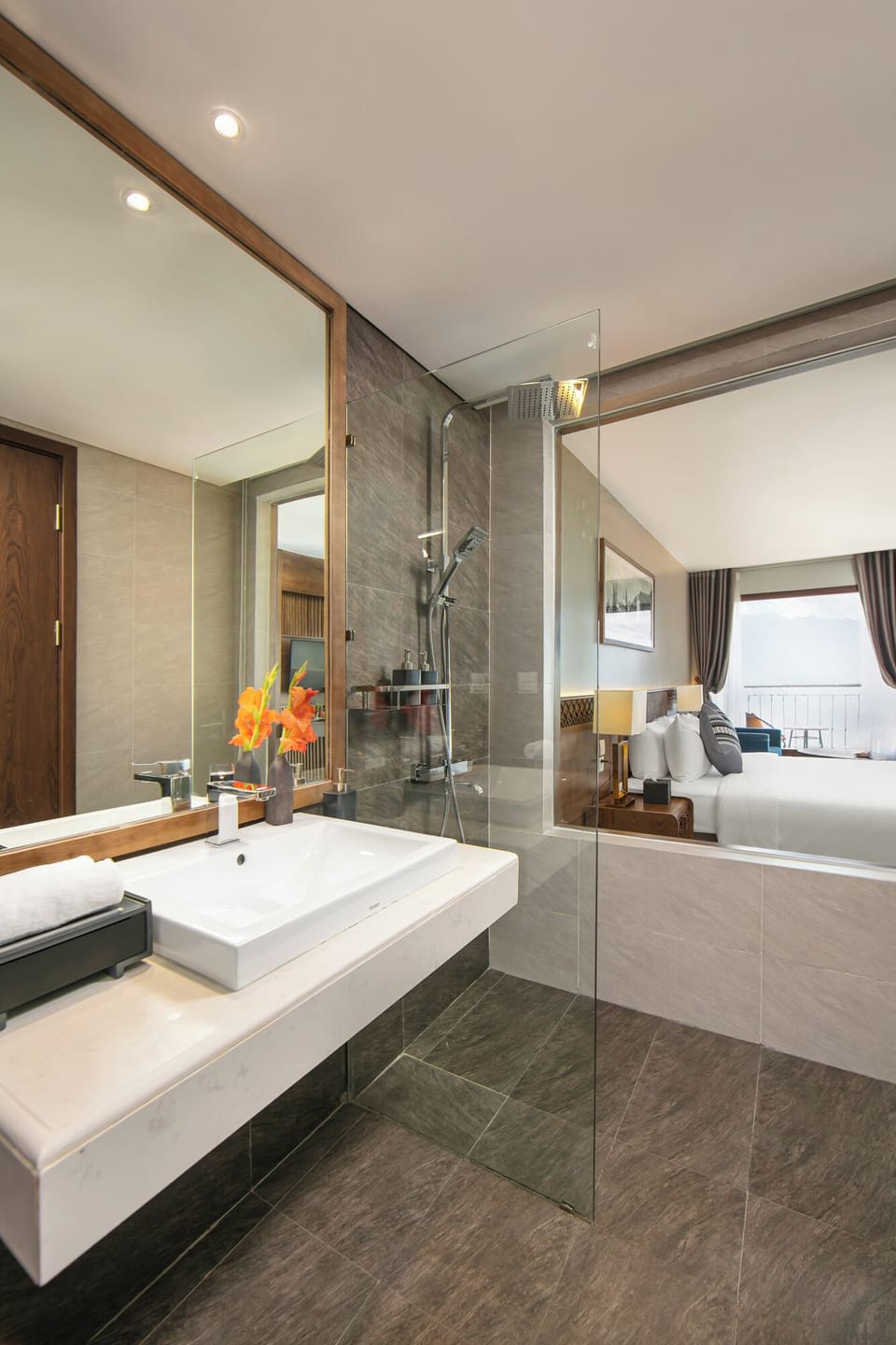 Shower, hydromassage showerhead, designer toiletries, hair dryer
