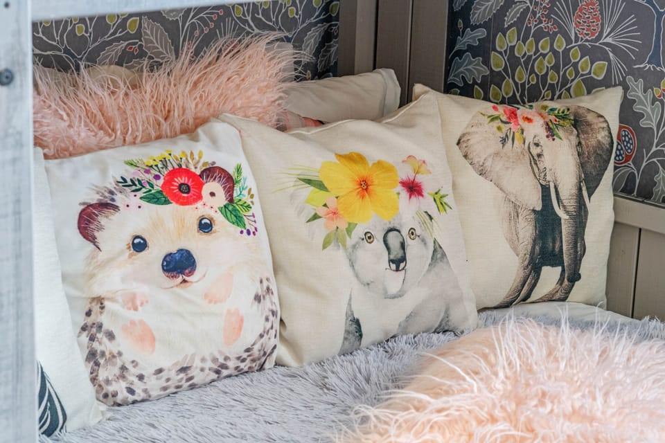 Pink and Grey décor, animal themed paintings and pillows, slugs, rabbits ...
