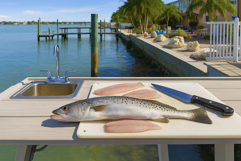 Outdoor Prep Area: Fresh catch awaits! Clean and prep your fish with stunning waterfront views.