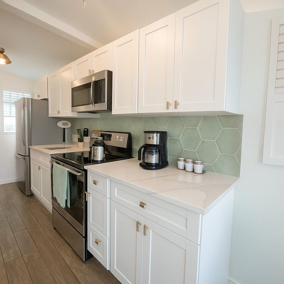 Gourmet Kitchen: Whip up delicious meals with modern appliances and stylish hexagonal accents!