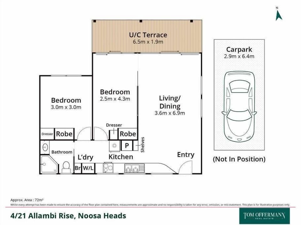 Floor plan shows 2 bedrooms, 1 bathroom, open living, balcony and laundry zones.