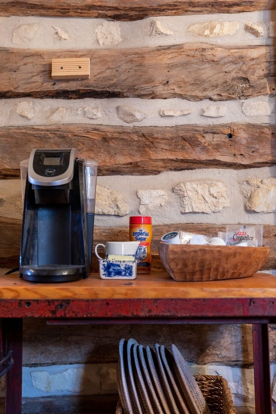 Coffee Station with Keurig and drip coffee makers, sugar and creamers