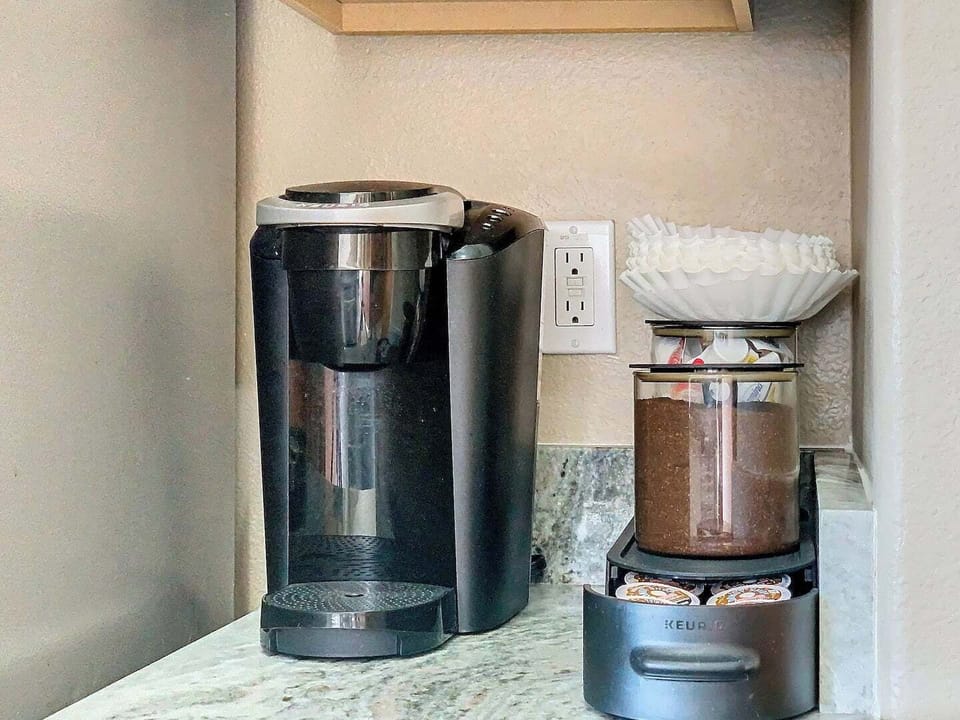 Start your morning right with a fresh brew from the coffee station.