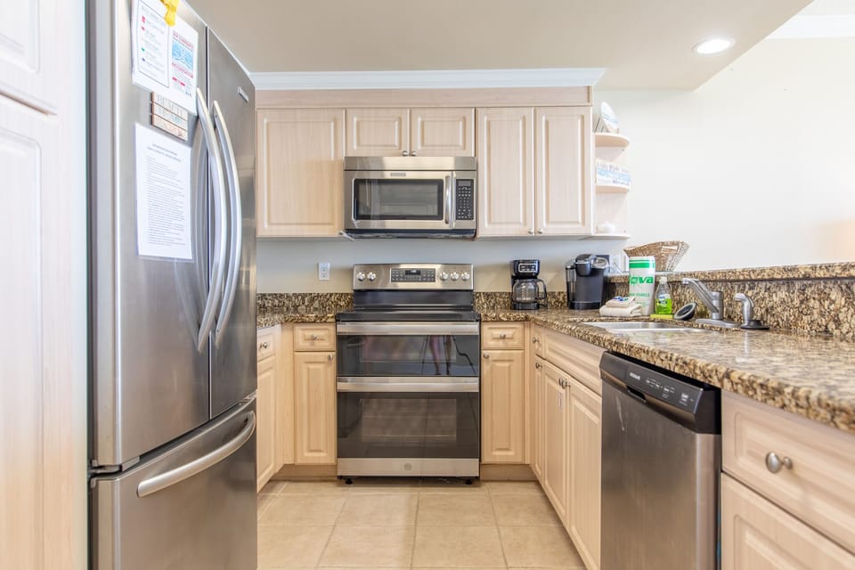 Fully stocked kitchen.