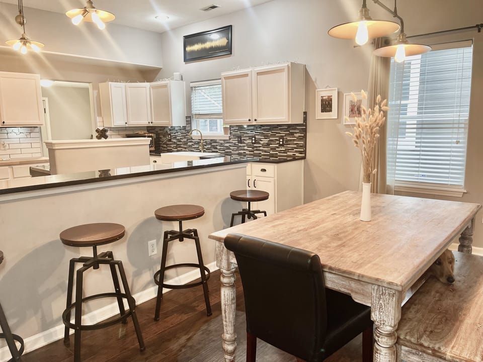 Kitchen overlooks the dining area