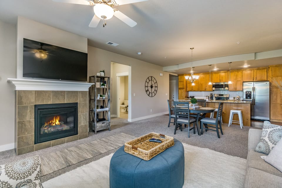 Cozy fireplace, large living space.
