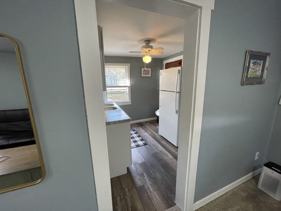 Walking from living room into kitchen 