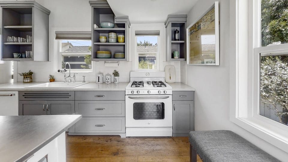 Open shelving and drawers for storage