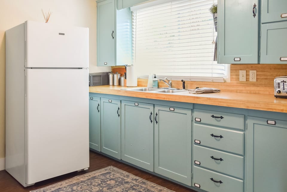 Our vintage kitchen with all the essential cooking supplies to make meals.