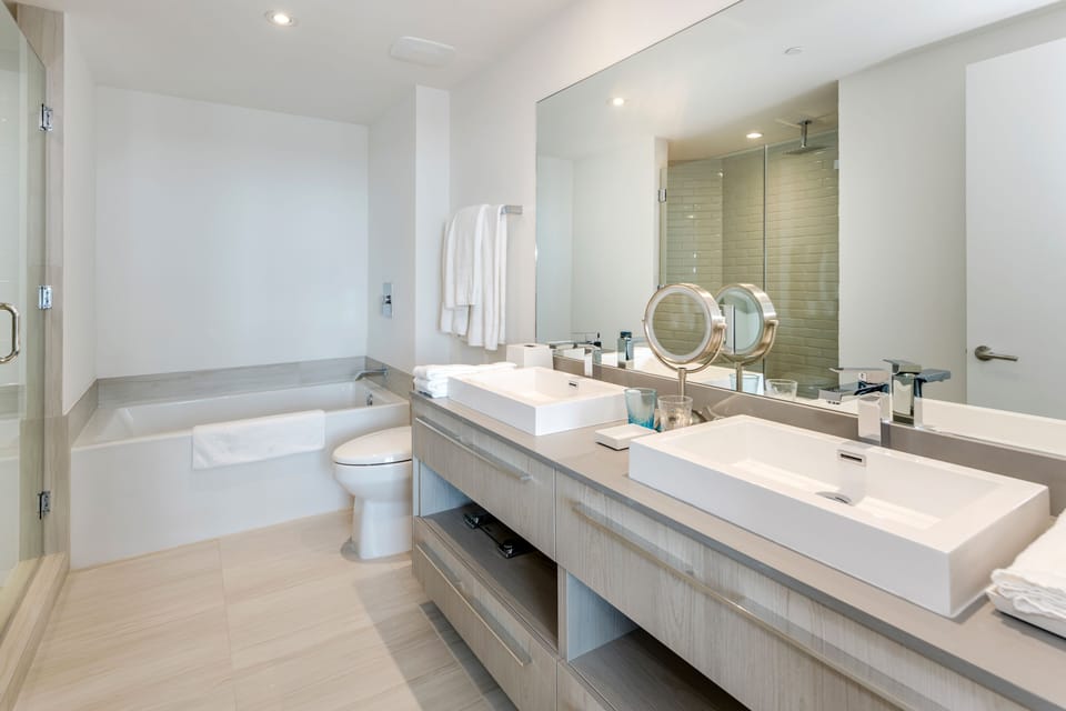 Our stunning Master bathroom, where you can decide whether to take a good shower or go right into the bathtub for a relaxing bubble bath! It includes towels, a hairdryer, and a starter kit.