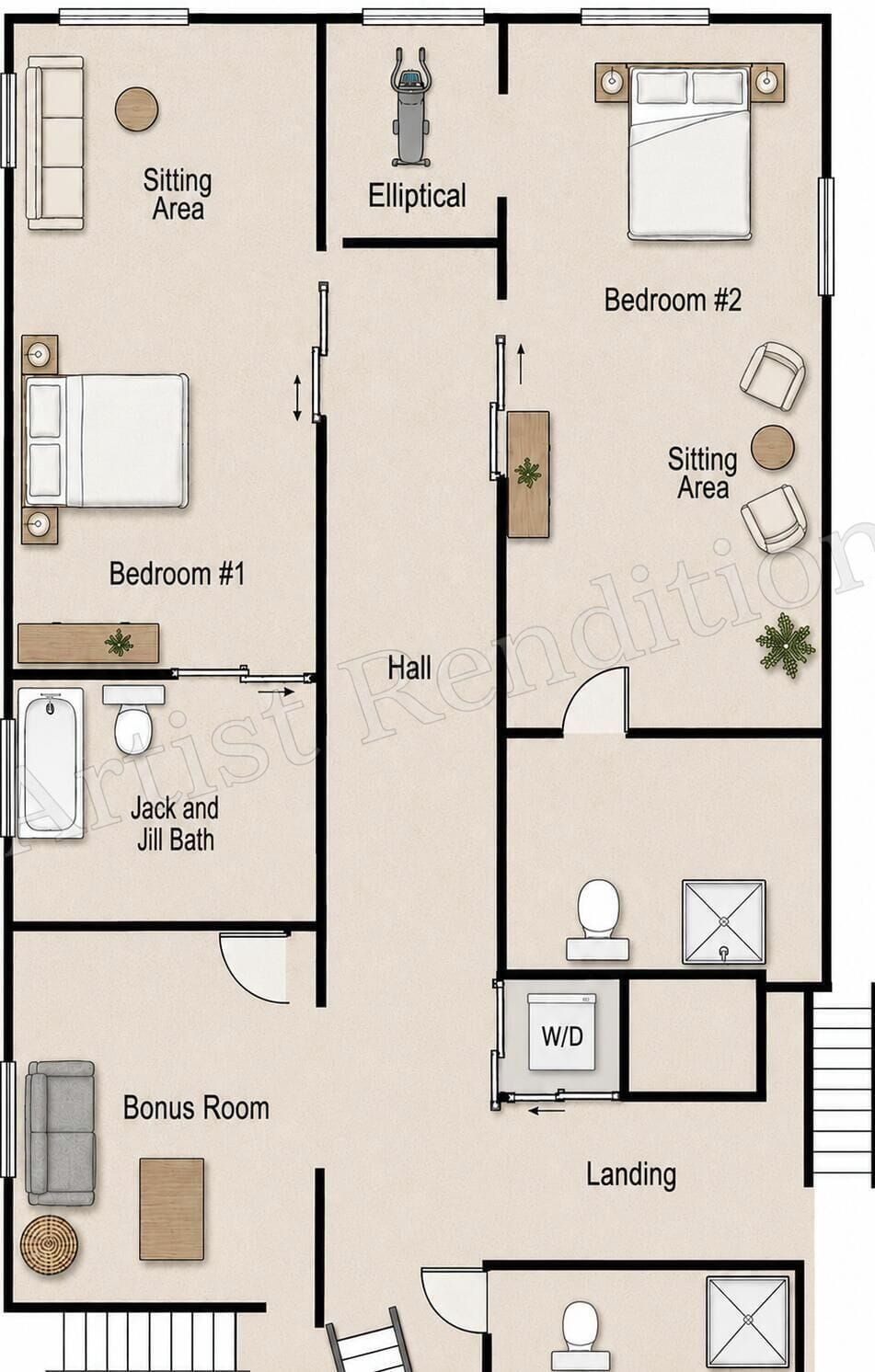     Bedroom Level floor plan– 2 Primary Suites & a Bonus Room