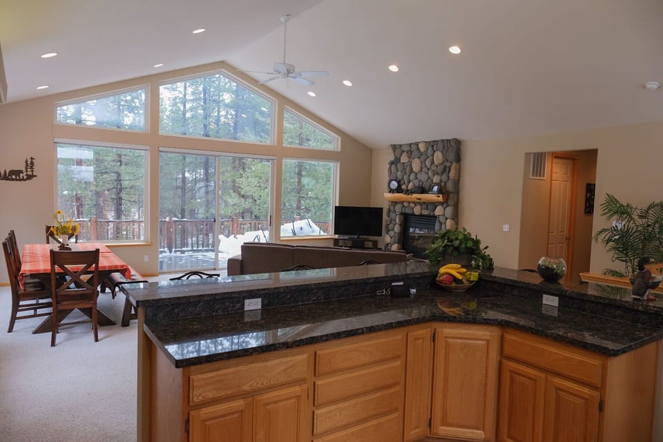 Enjoy cozy fires and meals while looking out at the meadow.