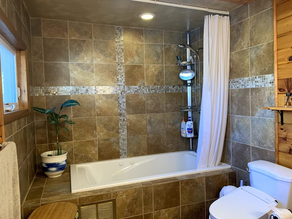 Whirlpool oversized tub, toilet with a bidet seat