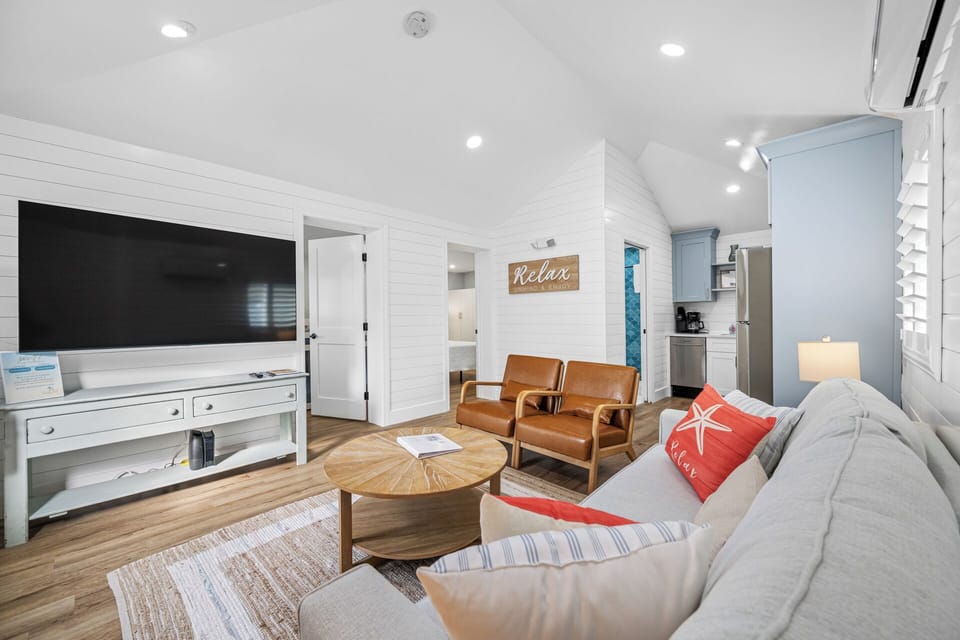 Comfortable living space with a smart TV.