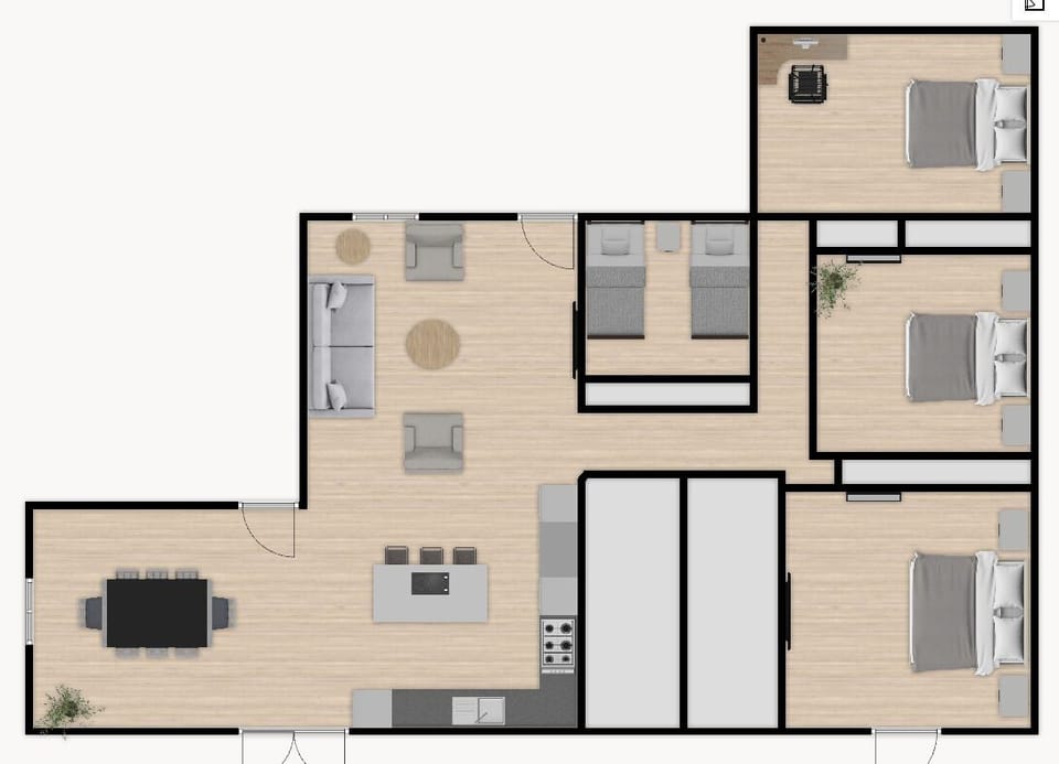 Floor Plan. Note - property has bunk bed instead of 2 beds in middle room
