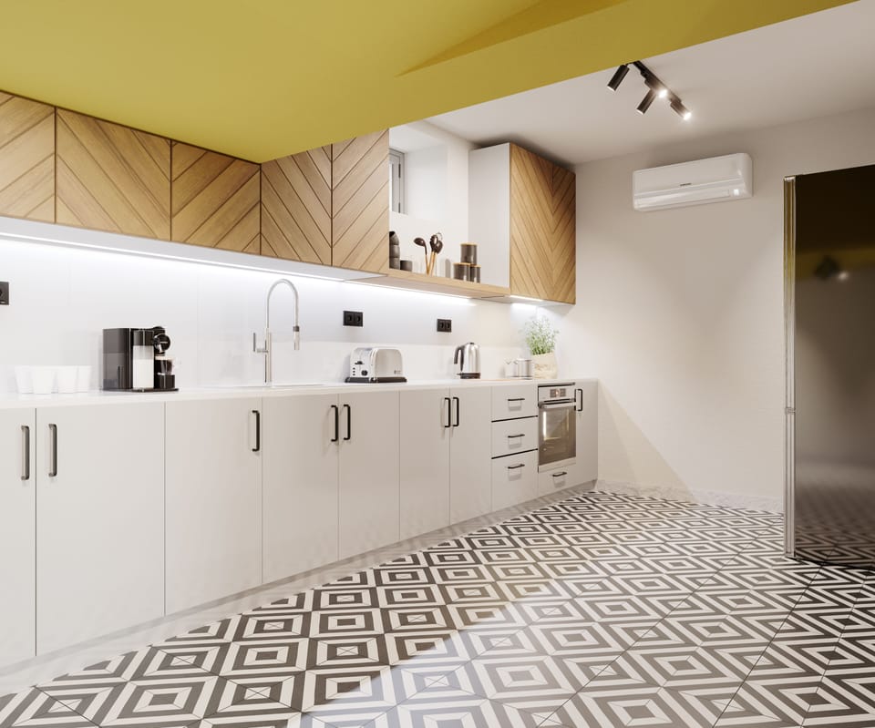 Fridge, microwave, oven, cookware/dishes/utensils