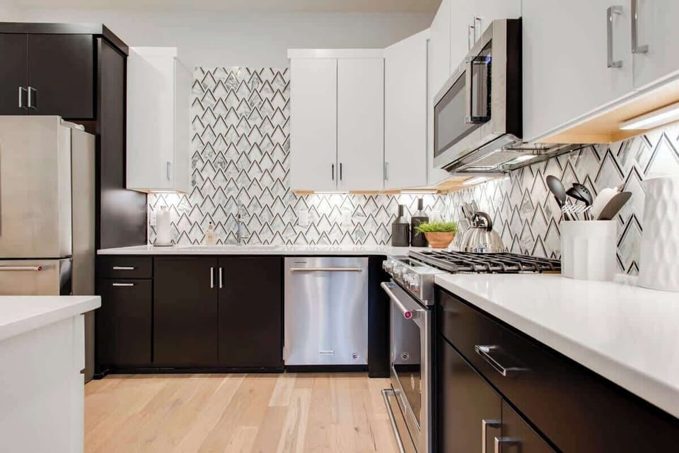 This home includes a gas range, fully stocked cooking essentials, and a single cup Keurig machine for your morning coffee.