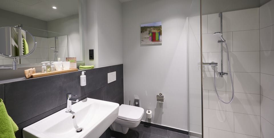 Shower, hair dryer, towels, toilet paper