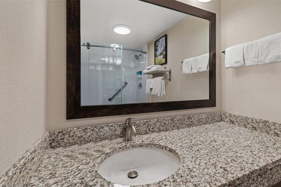 Combined shower/tub, free toiletries, hair dryer, towels