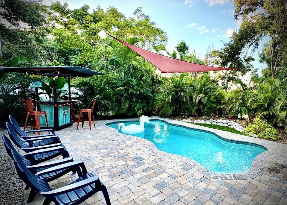 Tiki time!  Heated saltwater pool.  