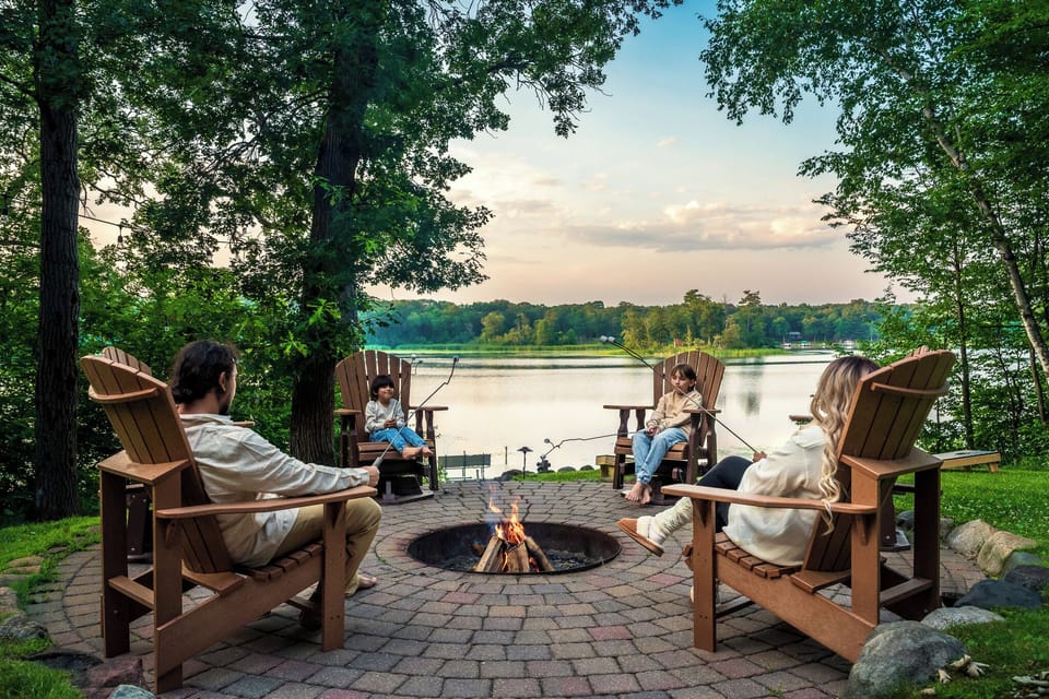 Sunset s'mores at the lakeside firepit. Past guests say they heard loons every single day here — Fawn Lake is that peaceful.