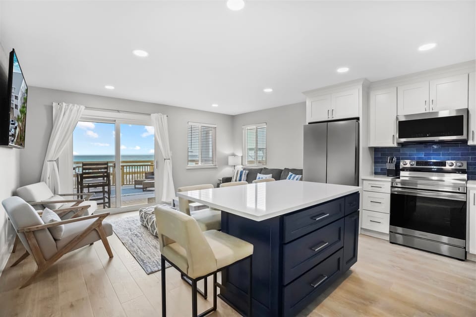 Side view overlooking kitchen island