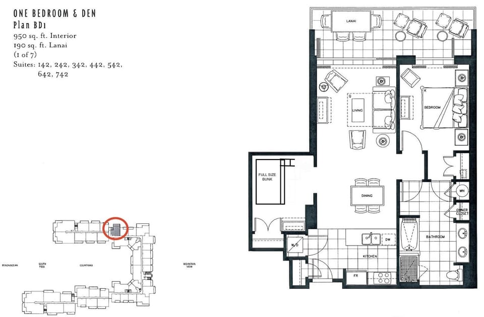 955 Sq ft, 2 bedrooms/1 bath, Honua Kai's most popular layout