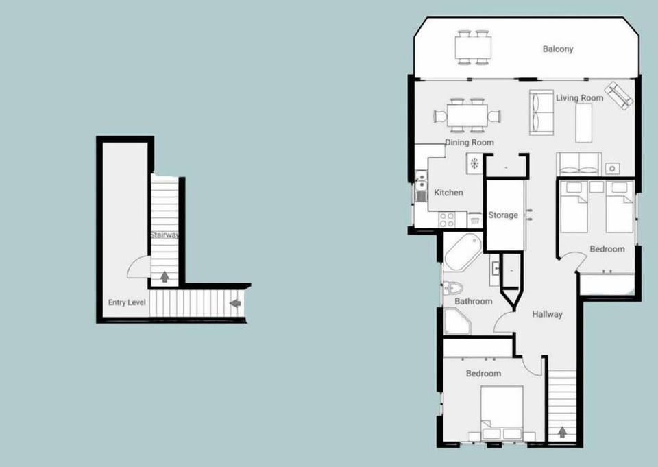 House layout- entrance is via a foyer and stairs to 1st floor, then entrance door opens to stairs to apartment.