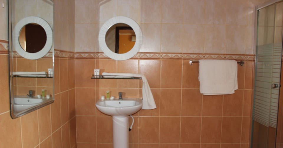Combined shower/tub, towels