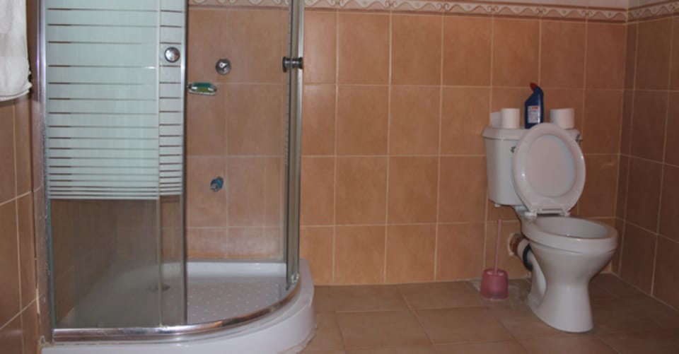 Combined shower/tub, towels
