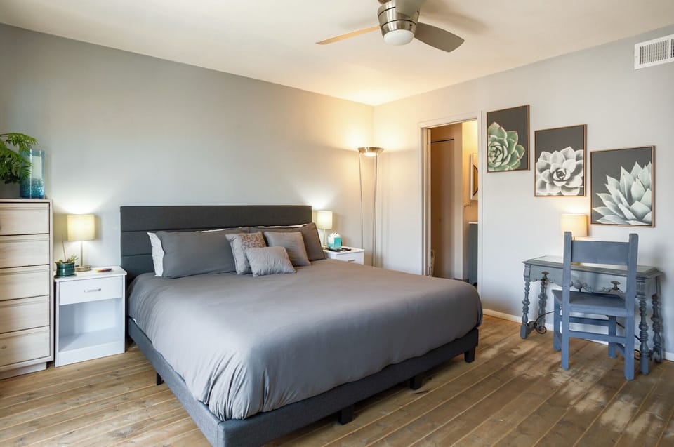 Master bedroom & bathroom - king size bed w/memory foam mattress, TV, balcony.