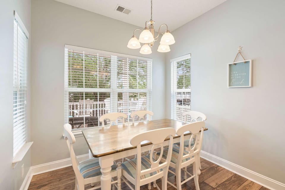 Bright dining area with garden views and natural light