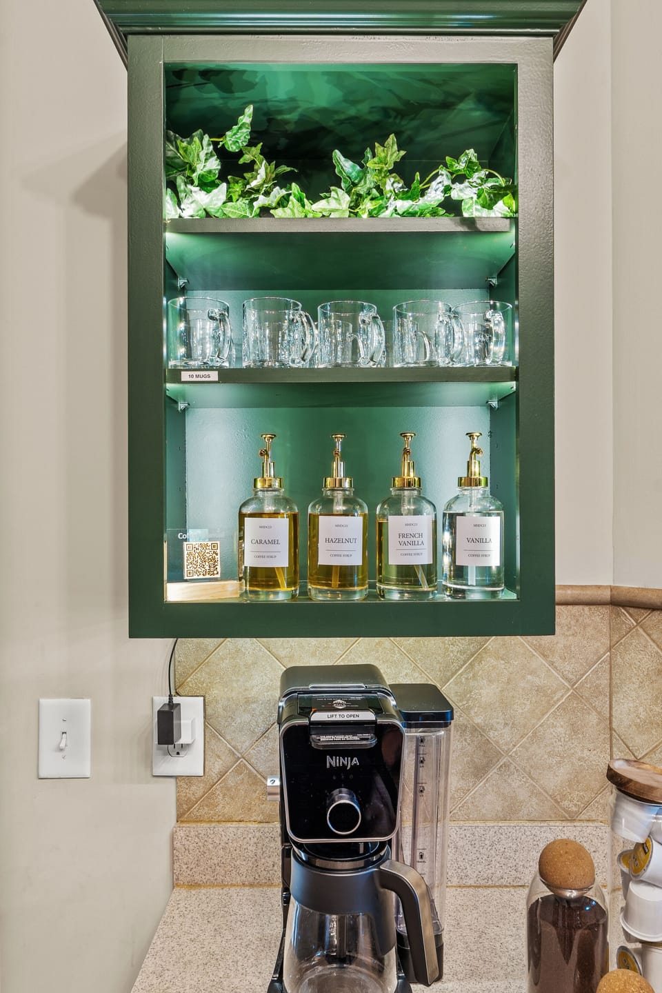 Start your day with an elevated coffee bar experience featuring a Ninja coffee maker, a variety of flavored syrups, and glass mugs. Choose brews for a full group, single cup, or just boiled water for tea/baby bottles. There is something for everyone.