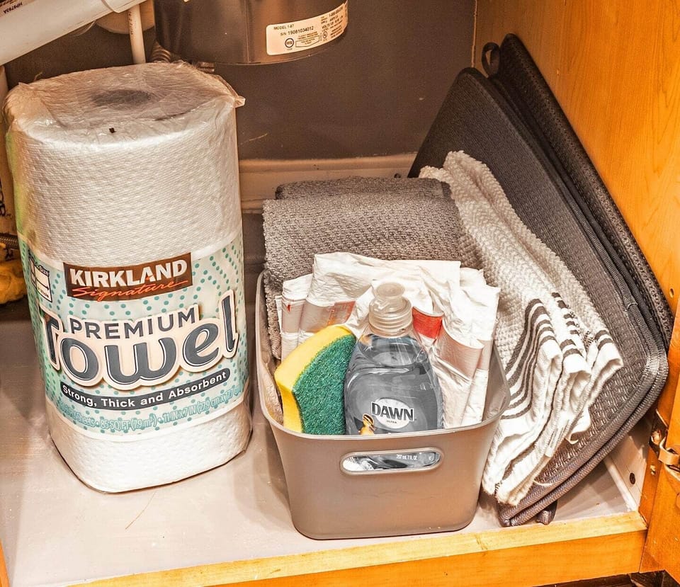 Rest easy with a starter pack of supplies, including trash bags,  paper towels, sponges, dishwashing tabs/soap, kitchen towels, a broom, dustpan, and mop, is provided to ensure a smooth and efficient cleanup process.