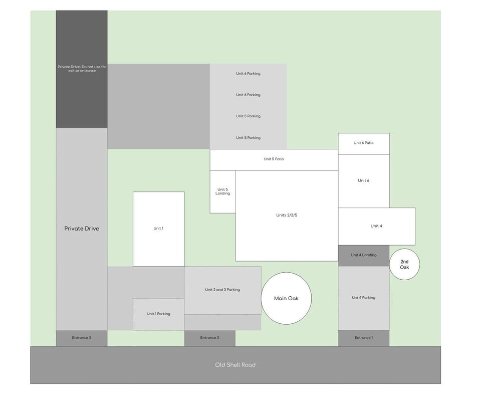 Parking Plan- Unit 5 has two designated parking spots in the back. If you have more than two cars, let our team know! 